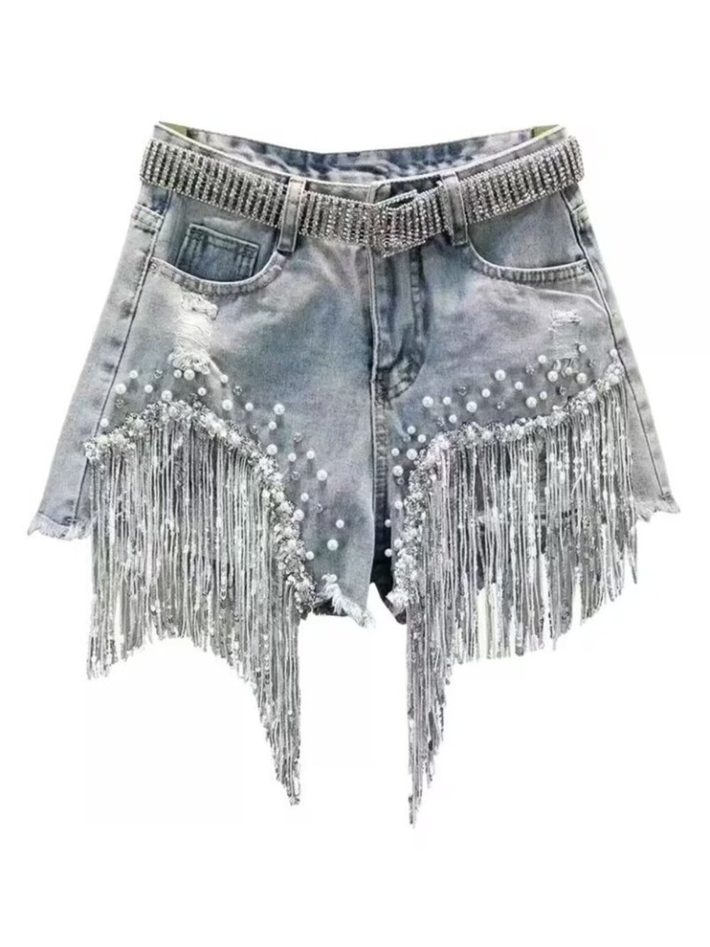 Beaded Rhinestones Distressed Festival Party Denim Fringes Jeans Shorts